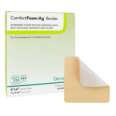 DermaRite 48660 ComfortFoam/Ag Border Silver Silicone Foam Dressing 6x6 Inch