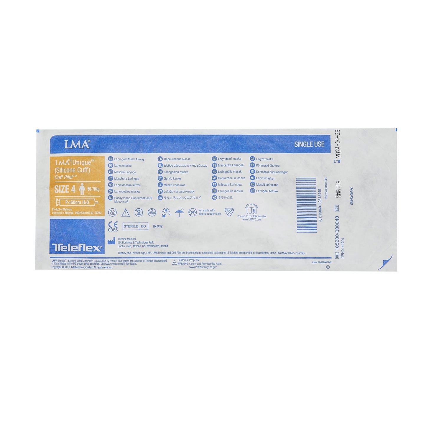 Straight Laryngeal Mask LMA® Unique™ (Silicone Cuff) Size 4 30 mL Cuff Silicone Single Patient Use Sterile
