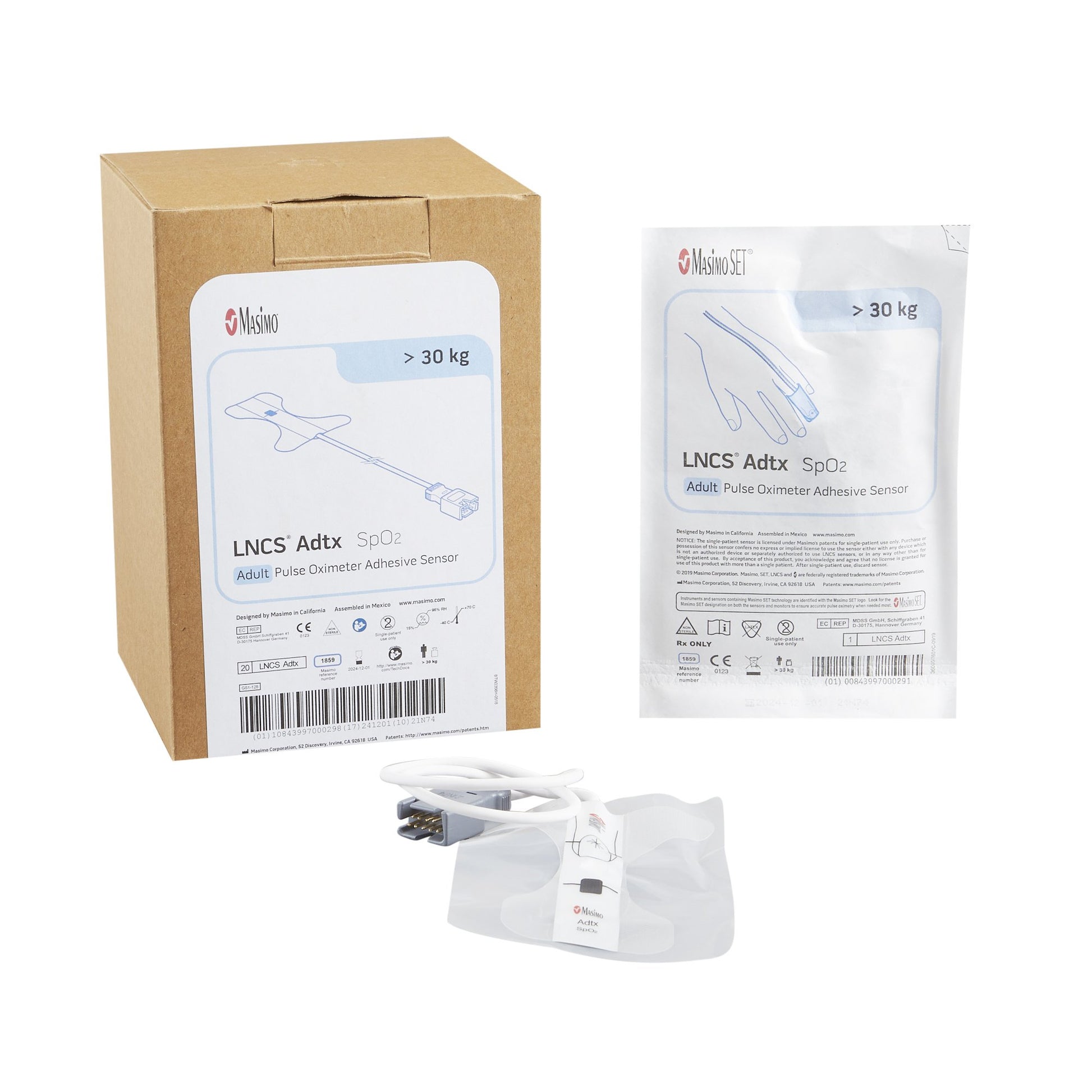 A wholesale box of 20 genuine Masimo 1859 LNCS adult adhesive disposable SpO2 pulse oximeter sensors at Lexicon Medical Supply.