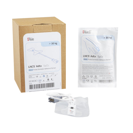 A wholesale box of 20 genuine Masimo 1859 LNCS adult adhesive disposable SpO2 pulse oximeter sensors at Lexicon Medical Supply.