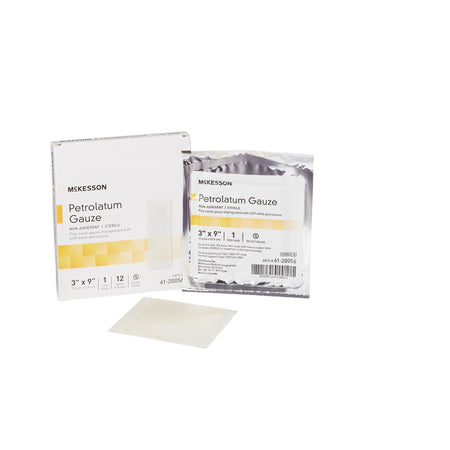 A retail box amd foil pack of McKesson 61-20056 sterile 3x9 inch petrolatum impregnated gauze dressings at Lexicon Medical Supply.
