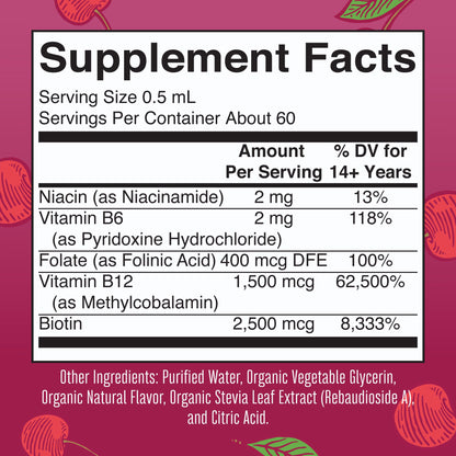 Dietary Supplement Mary Ruth's® Vegan B-Complex Niacin / Vitamin B6 / Folate / B12 / Biotin 2 mg - 2 mg - 400 mcg - 1,500 mcg - 2,500 mcg Strength Drop 1 oz. Cherry Flavor