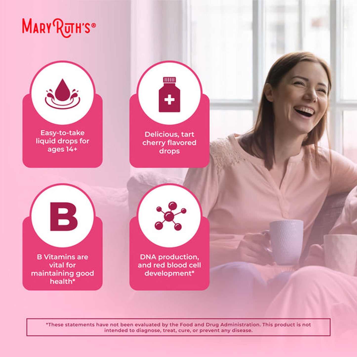 Dietary Supplement Mary Ruth's® Vegan B-Complex Niacin / Vitamin B6 / Folate / B12 / Biotin 2 mg - 2 mg - 400 mcg - 1,500 mcg - 2,500 mcg Strength Drop 1 oz. Cherry Flavor