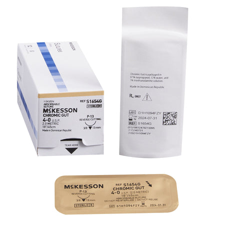 McKesson S1654G Chromic Gut Absorbable Suture with Needle, P-13 Precision Reverse Cutting Monofilament
