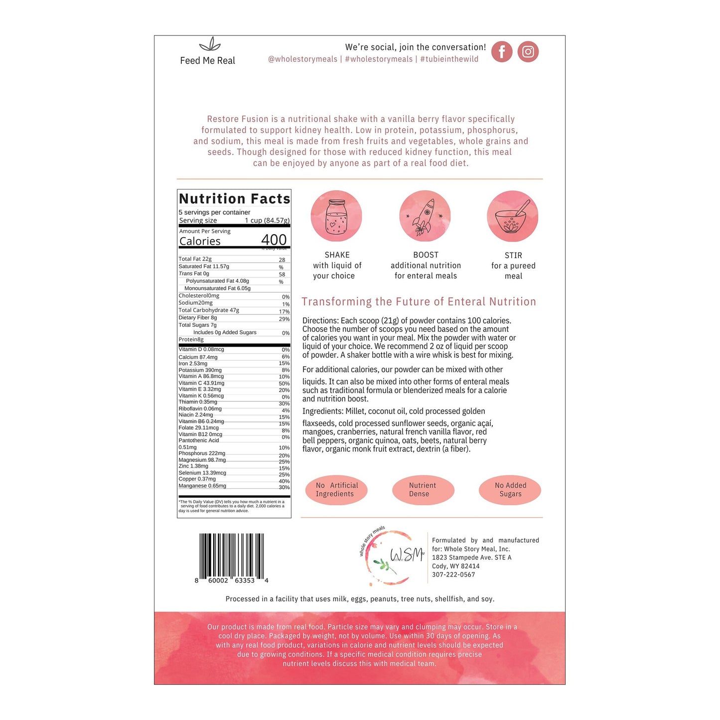 Oral Supplement Restore Fusion Renal Support Vanilla Berry Flavor Powder 16 oz. Pouch