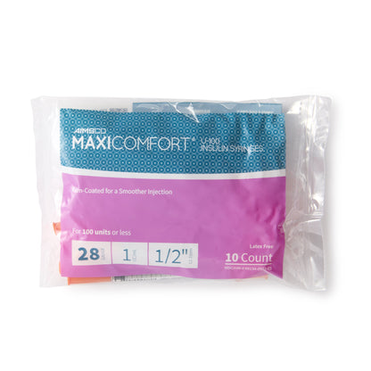 MaxiComfort® II Standard Insulin 1mL Syringe with Needle, 28 Gauge, 0.5 Inch