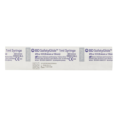 BD 305945 SafetyGlide™ 1 mL Tuberculin Syringe with Needle, 27 Gauge, 1/2 Inch Needle Length