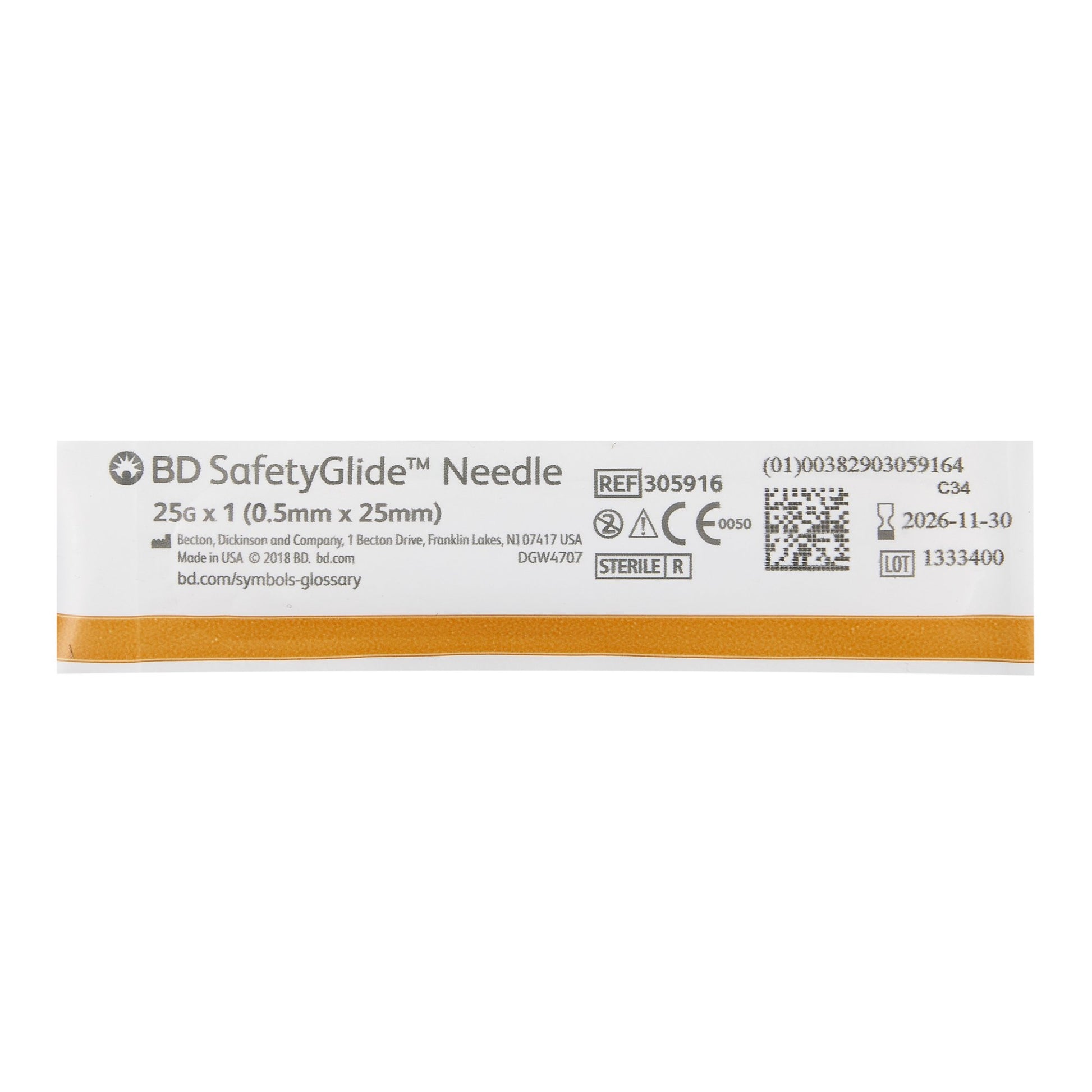 BD SafetyGlide 25 gauge hypodermic needle with an orange hub and Activation-Assist safety shield.