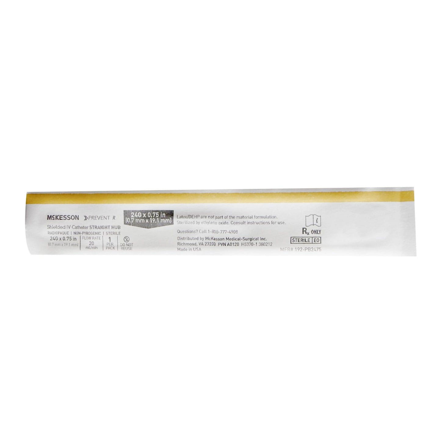 Peripheral IV Catheter McKesson Prevent® R 24 Gauge 3/4 Inch Straight Hub Non Blood Control Push Button Safety