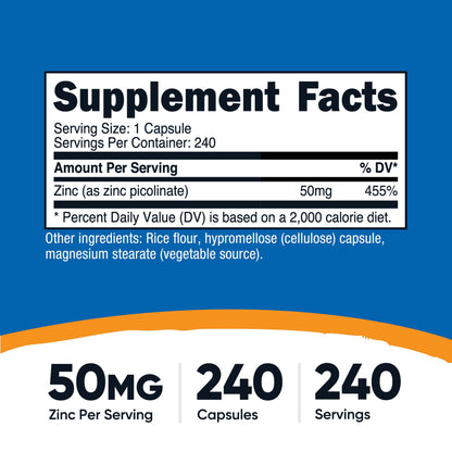 Dietary Supplement nutricost® Zinc Picolinate 50 mg Strength Capsule 240 Per Bottle
