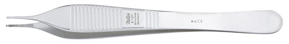 Tissue Forceps Miltex® Adson 4-3/4 Inch Length OR / Surgical Grade German Stainless Steel NonSterile NonLocking Thumb Handle Straight Delicate, Cross Serrated Tips with 1 X 2 Teeth