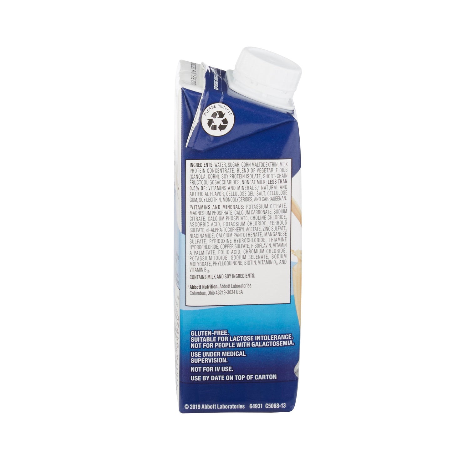 Close up of the reclosable twist cap and clinical nutrition label on an Abbott 64931 Ensure Original vanilla carton.
