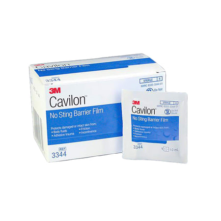 3M Cavilon No Sting Barrier Film wipes item 3344 showing retail box and individual 1ml sterile packet