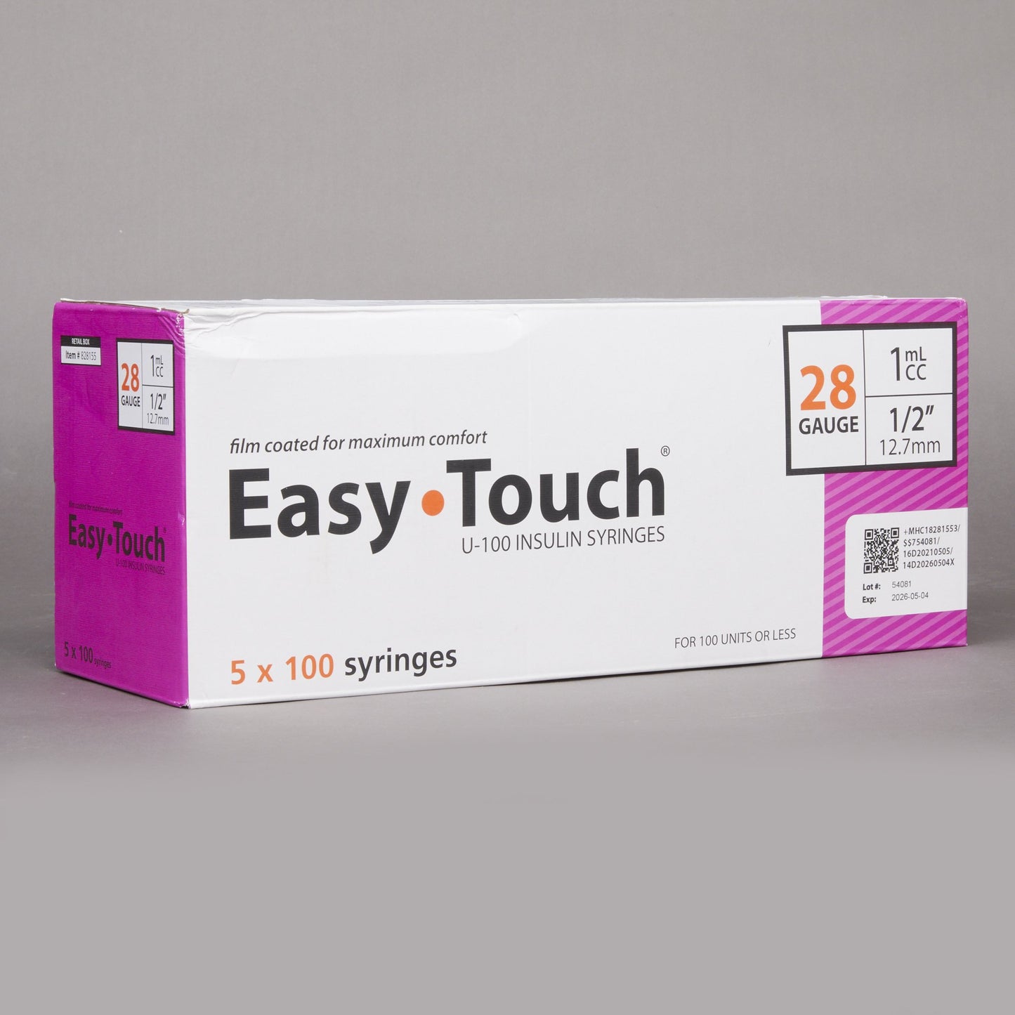 Standard Insulin Syringe with Needle EasyTouch™ 1 mL 1/2 Inch 28 Gauge NonSafety Thin Wall