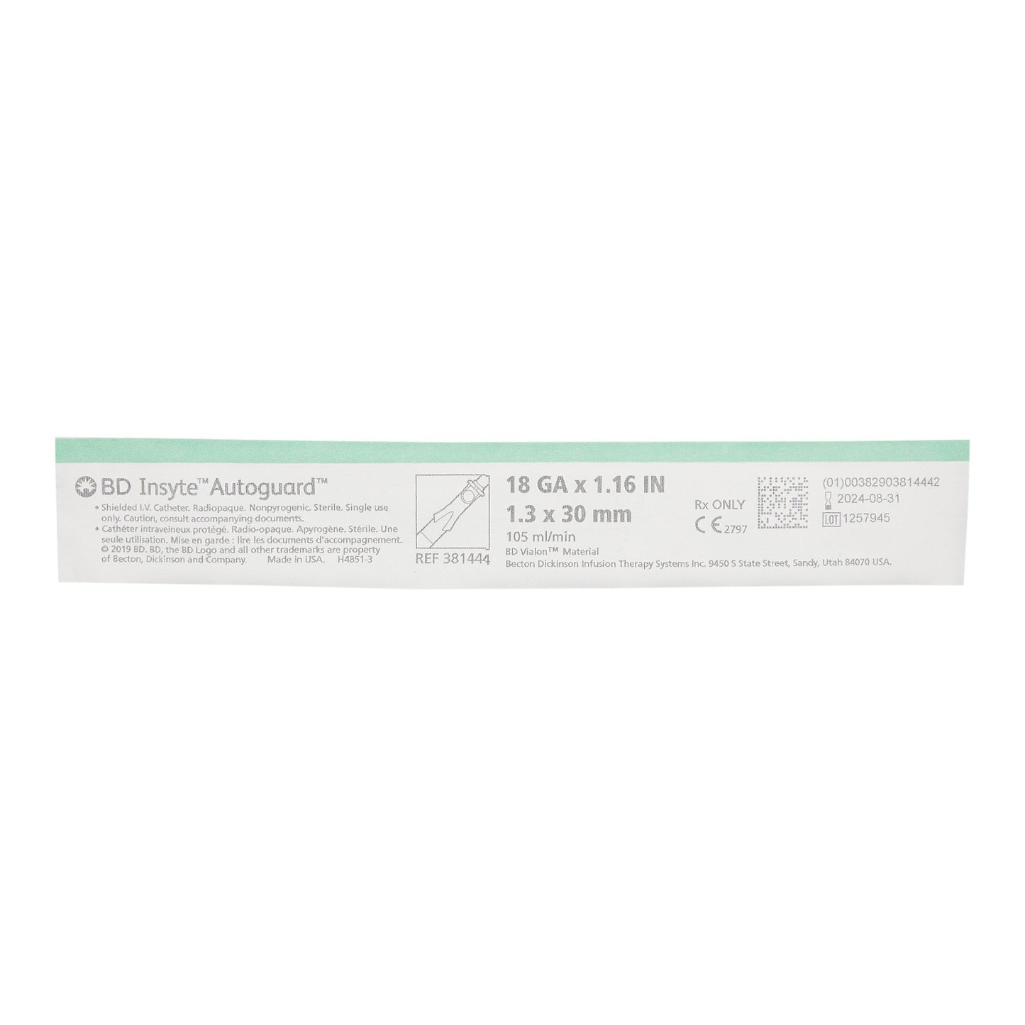 BD 381444 Peripheral IV Catheter Insyte™ Autoguard™ 18 Gauge 1.16 Inch BD Vialon Straight Hub Non Blood Control Push Button Safety