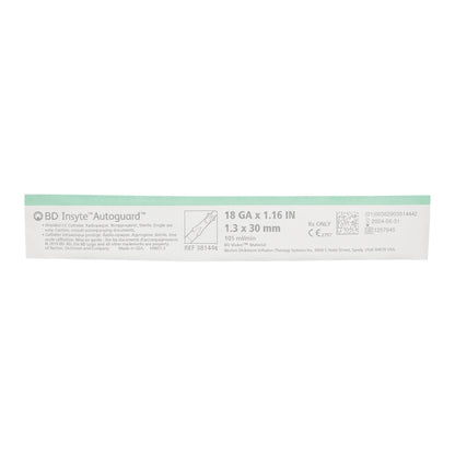 BD 381444 Peripheral IV Catheter Insyte™ Autoguard™ 18 Gauge 1.16 Inch BD Vialon Straight Hub Non Blood Control Push Button Safety