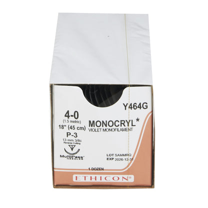 Ethicon Absorbable Suture with Needle Monocryl™ Poliglecaprone P-3 3/8 Circle Precision Reverse Cutting Needle Size 4-0 Monofilament
