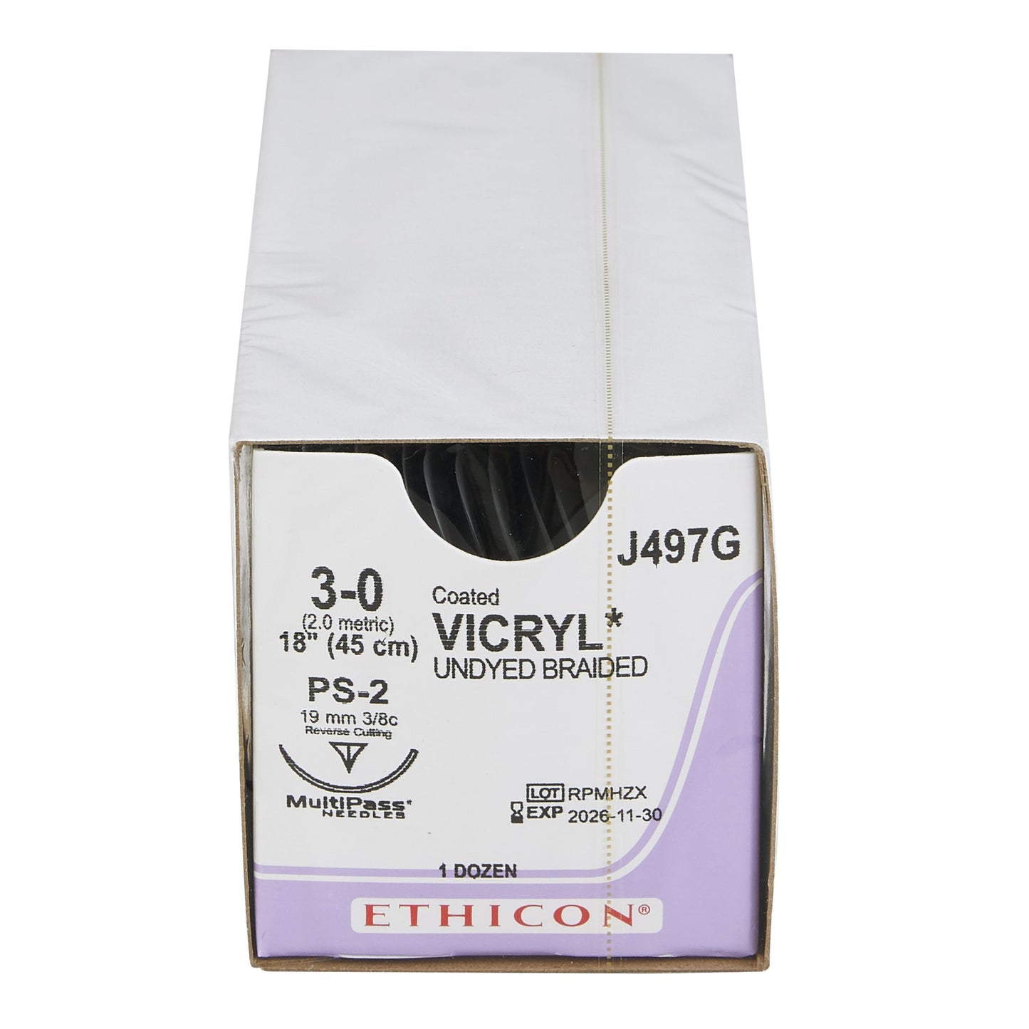 Ethicon J497G Absorbable Suture with Needle Coated Vicryl™ Polyglactin 910 PS-2 3/8 Circle Precision Reverse Cutting Needle Size 3-0 Braided
