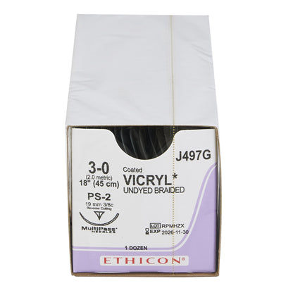 Ethicon J497G Absorbable Suture with Needle Coated Vicryl™ Polyglactin 910 PS-2 3/8 Circle Precision Reverse Cutting Needle Size 3-0 Braided