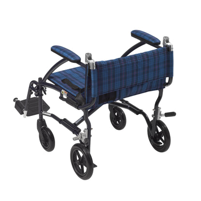 drive™ Fly-Lite Ultra Transport Wheelchair, Blue Frame w/ Plaid Upholstery