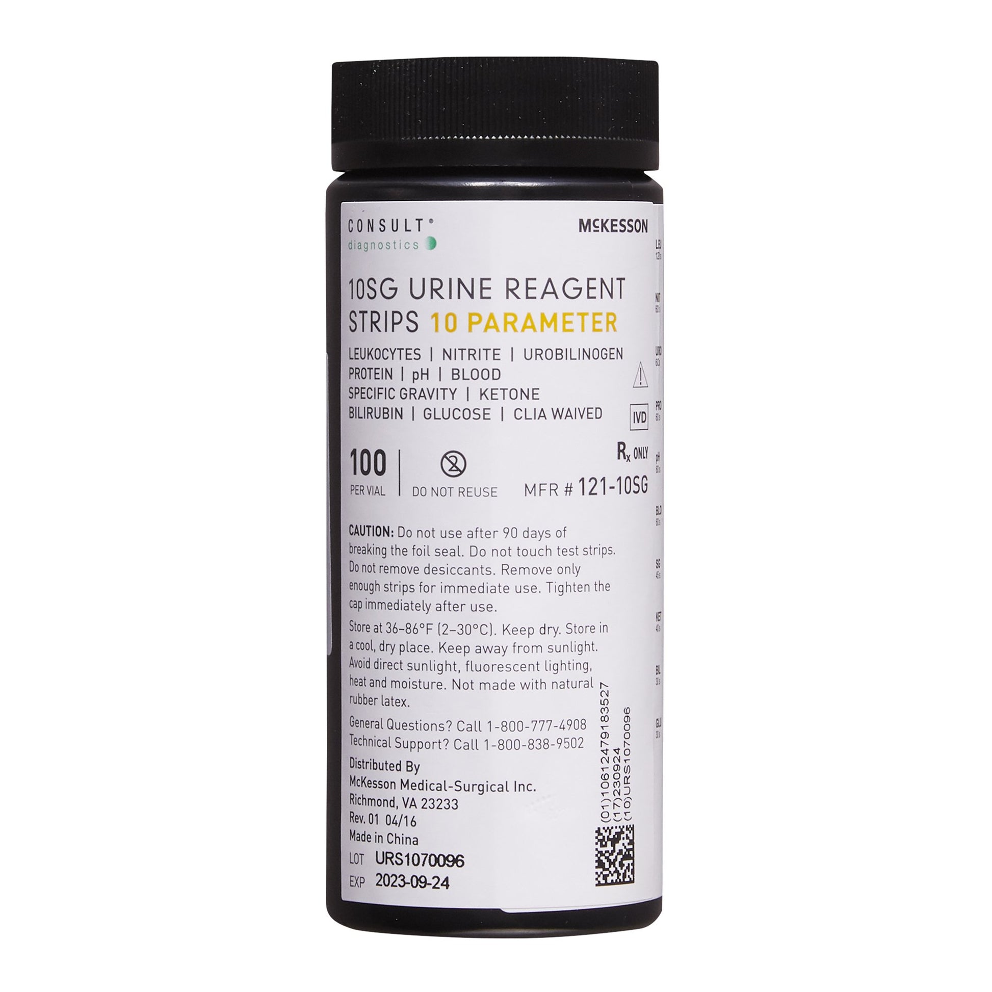 A retail vial of 100 McKesson 121-10SG Consult 10-parameter urine reagent test strips at Lexicon Medical Supply.
