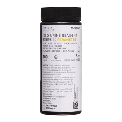 A retail vial of 100 McKesson 121-10SG Consult 10-parameter urine reagent test strips at Lexicon Medical Supply.