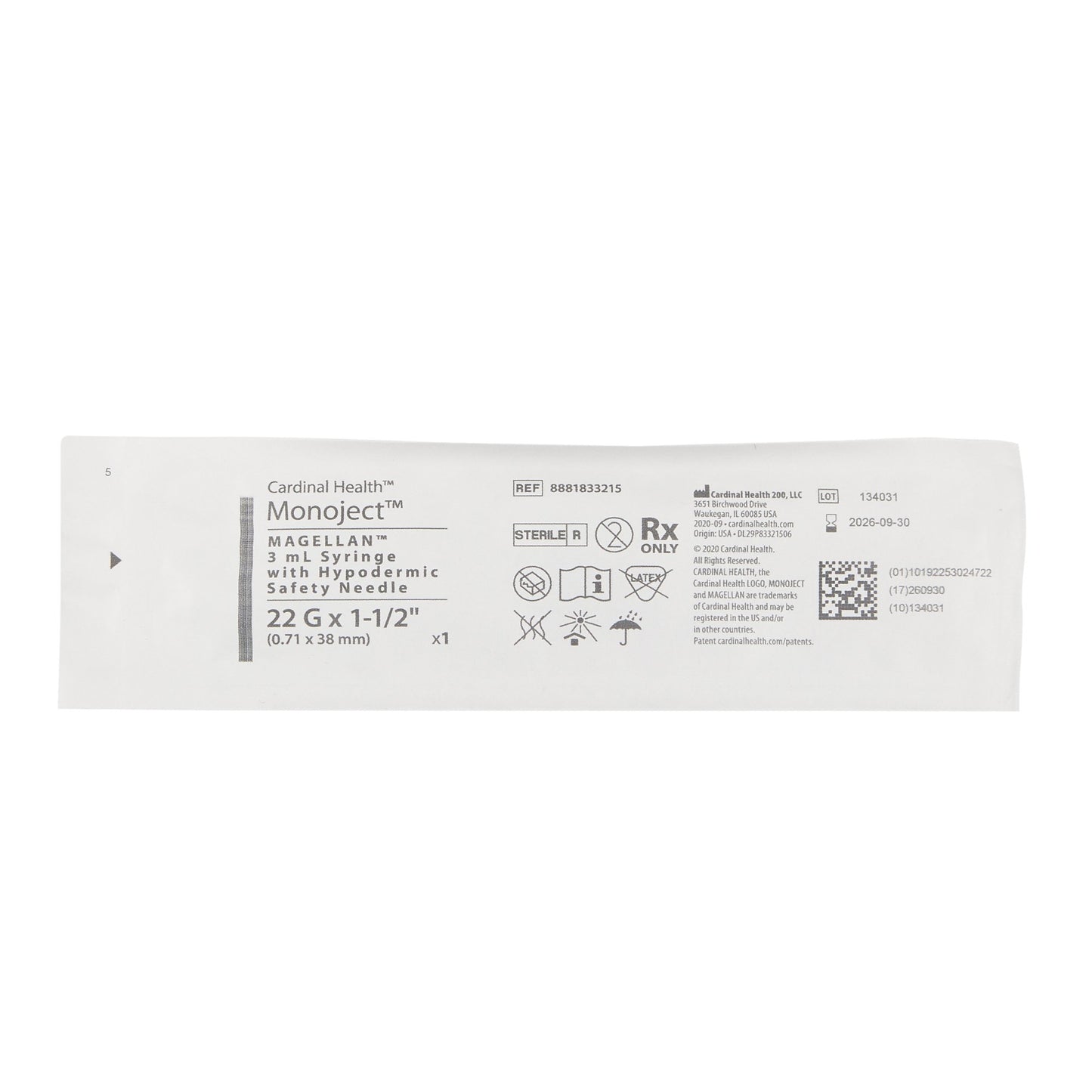 Magellan™ Syringe with Hypodermic Needle, 22 Gauge, 1-1/2 Inch Needle Length