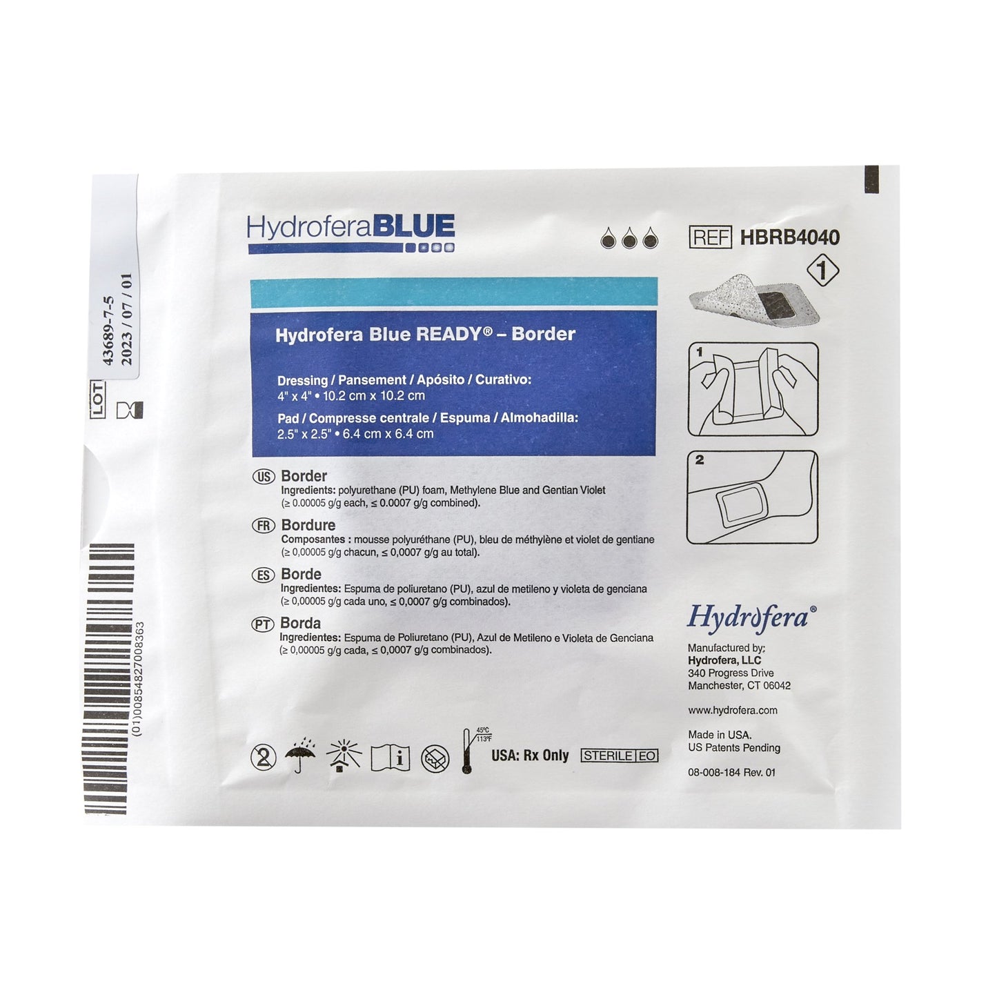 Antibacterial Foam Dressing Hydrofera BLUE® READY-Border™ 4 X 4 Inch With Border Waterproof Film Backing Silicone Adhesive Square Sterile
