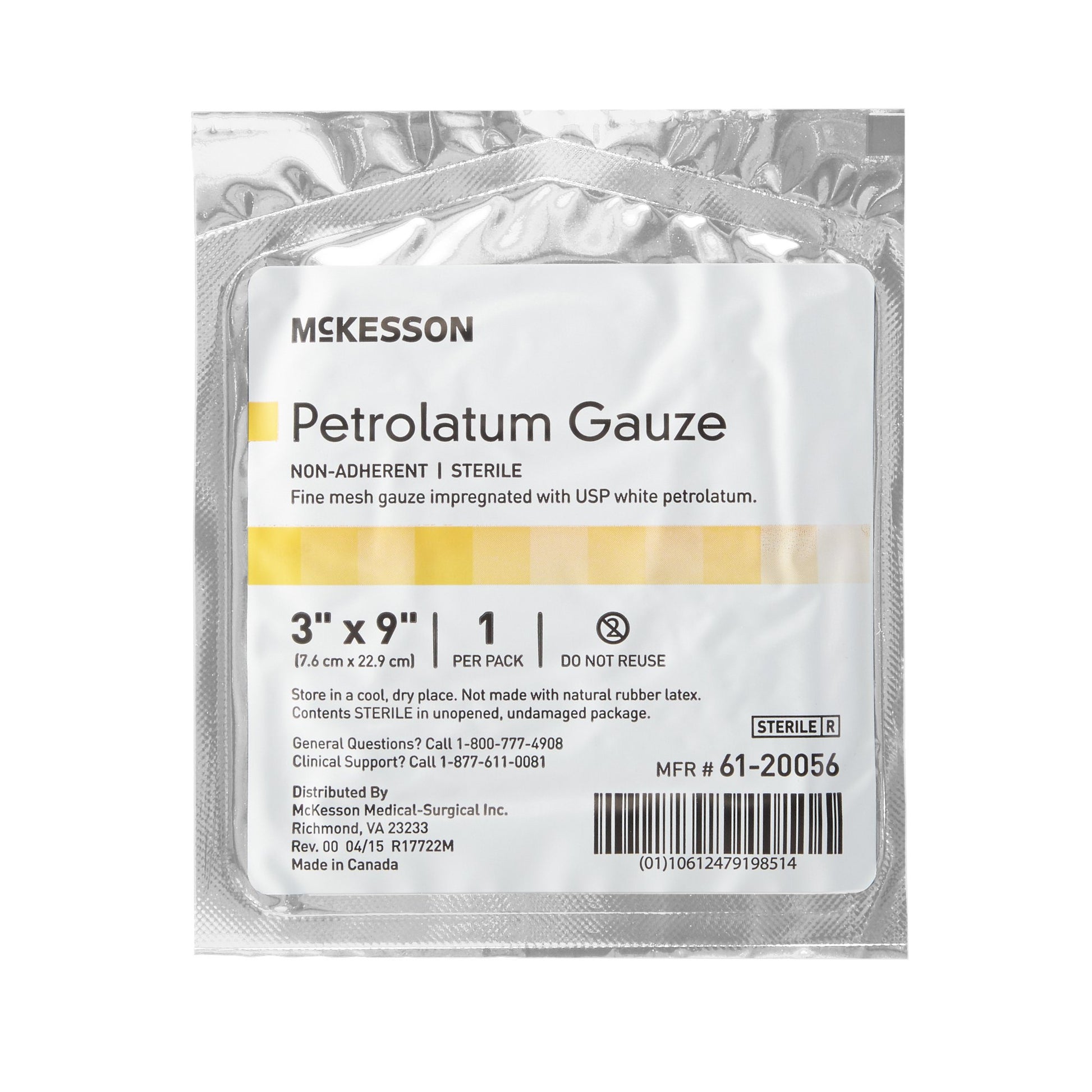 Close up of the individual sterile foil packaging wrapper for a McKesson 61-20056 petrolatum dressing.