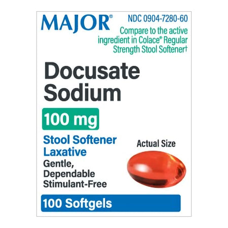 Major Pharmaceuticals 904728060 100 mg Docusate Sodium Stool Softener Laxative Softgels