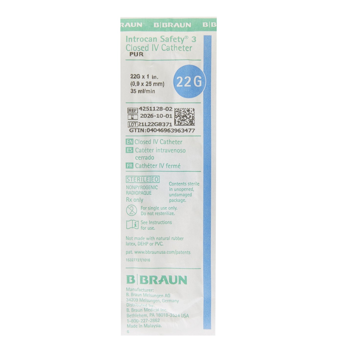Introcan Safety® 3 Closed IV Catheter, 22 Gauge, Winged