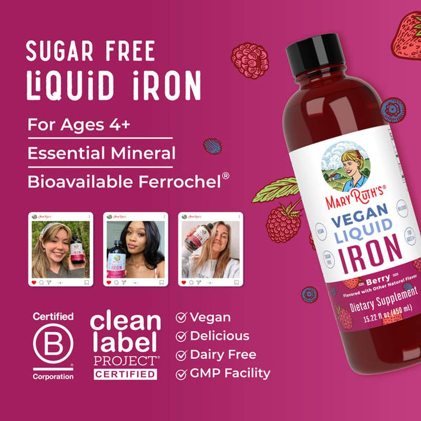 Dietary Supplement Mary Ruth's® Liquid Iron Iron 6 to 18 mg Strength Liquid 16 oz. Berry Flavor