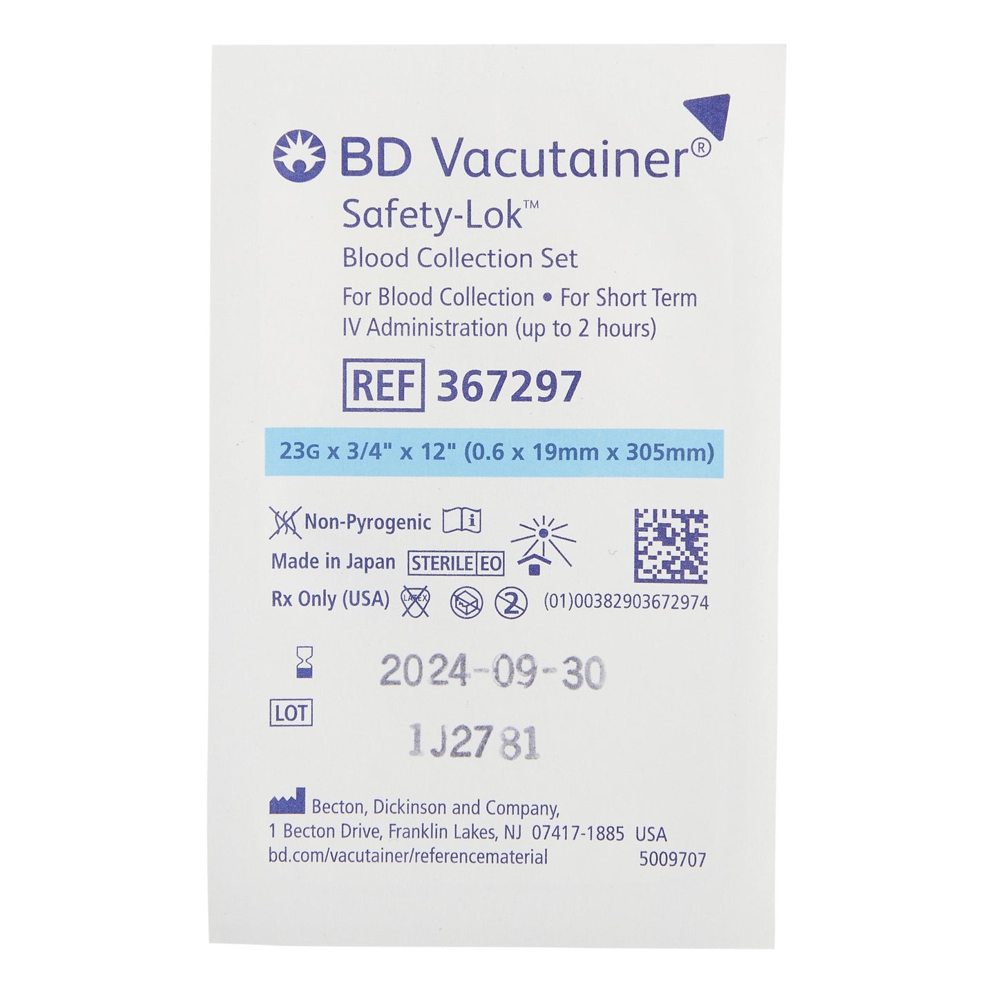 BD Vacutainer® 367297 Safety-Lok™ Blood Collection Set, 23 Gauge, ¾-inch needle length, 12-inch Tubing