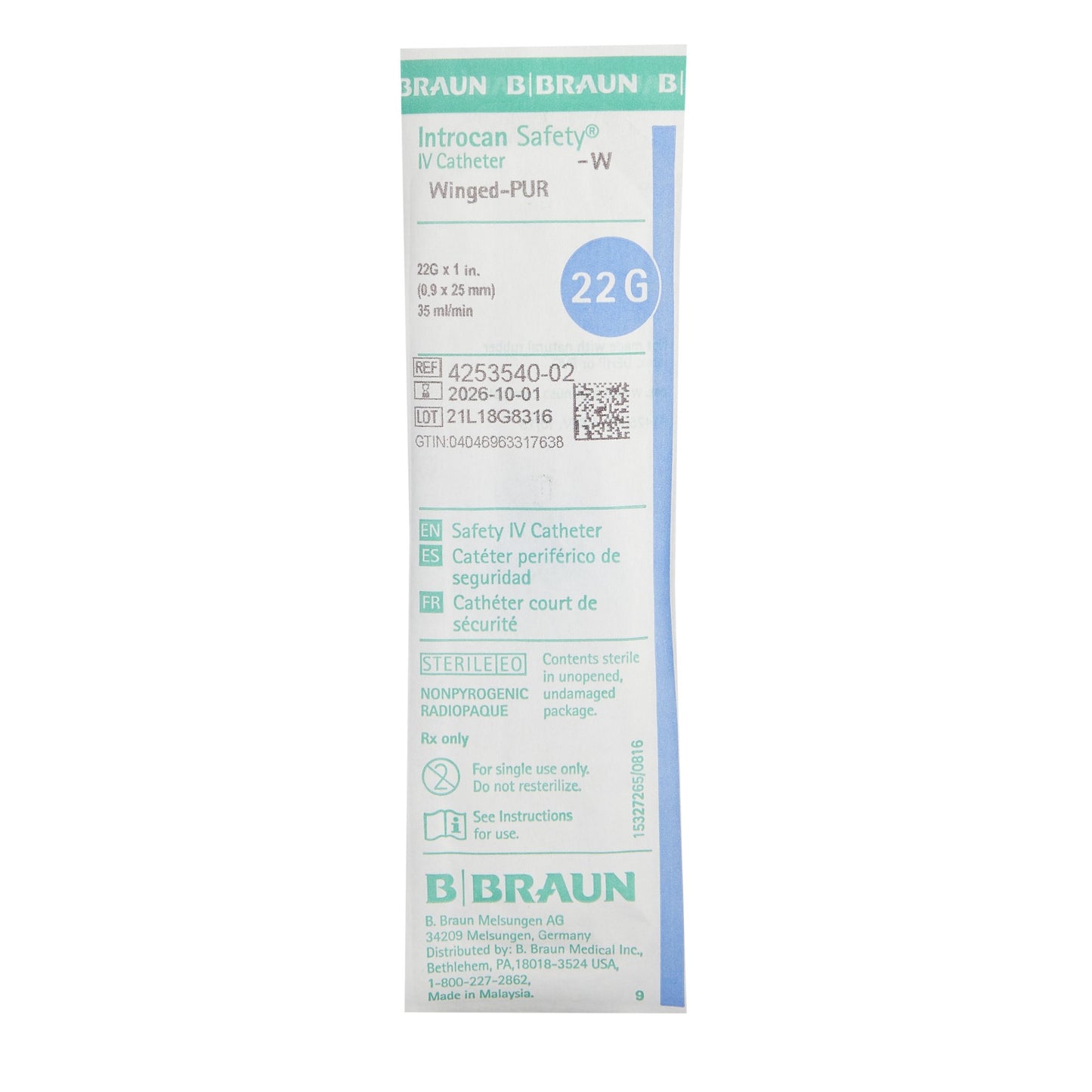 Introcan Safety® Peripheral IV Catheter, 22 Gauge, Straight