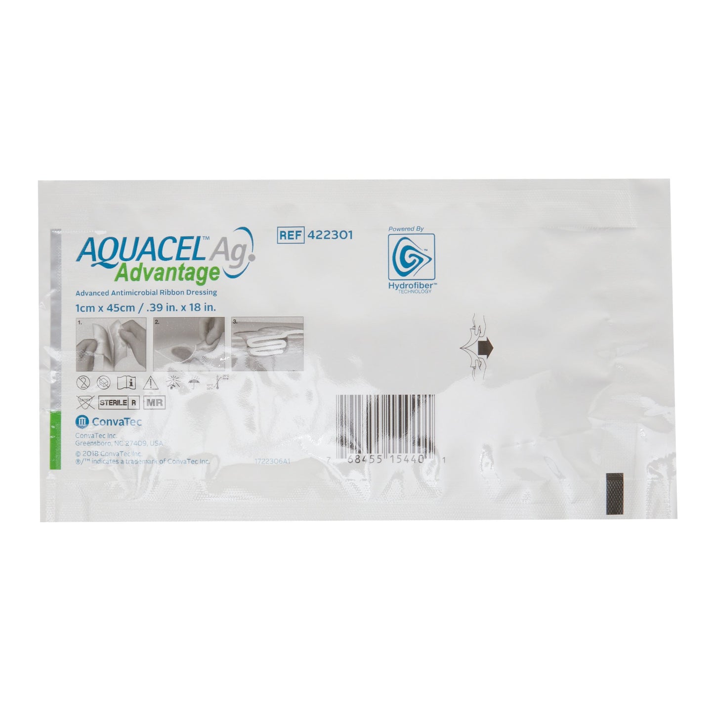 An unboxed ConvaTec 422301 antimicrobial dressing ribbon showing the narrow 0.39 inch by 18 inch dry hydrofiber packing rope.