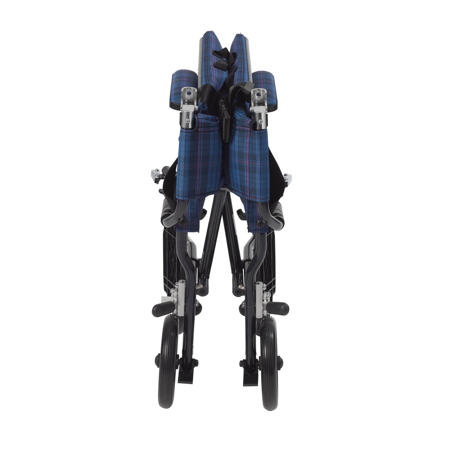 drive™ Fly-Lite Ultra Transport Wheelchair, Blue Frame w/ Plaid Upholstery
