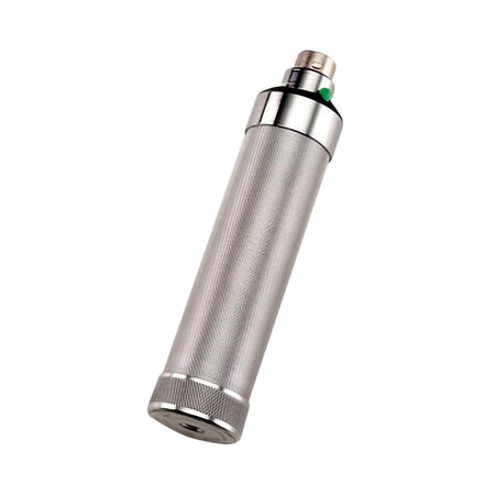 Side view of a silver Welch Allyn 71670 power handle displaying the non-slip knurled chrome finish and desk charger compatible base.