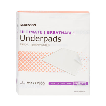 McKesson Ultimate Breathable Underpads, Heavy Absorbency, 30 x 36 Inch, White