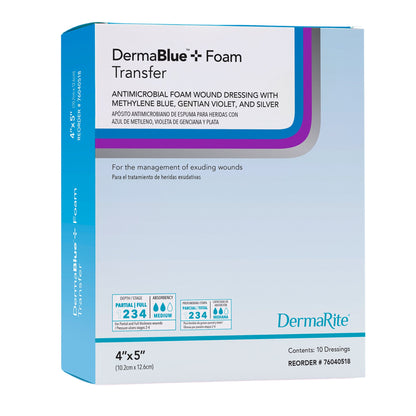 DermaRite DermaBlue Plus Foam Wound Dressing 4x5x1/4 inch box packaging item 76040514. 