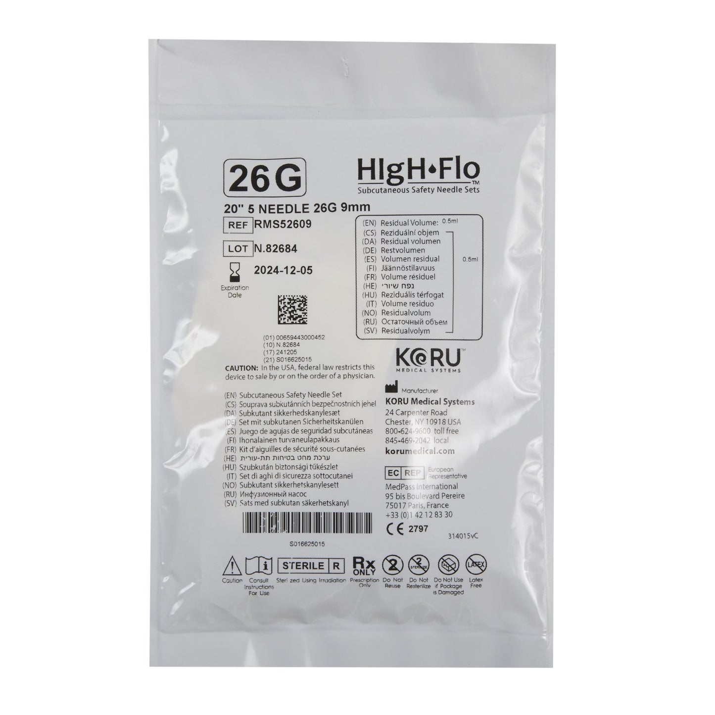Sub-Q Infusion Set HIgH-Flo™5 5 X 26 Gauge 9 mm 20 Inch Tubing Without Port