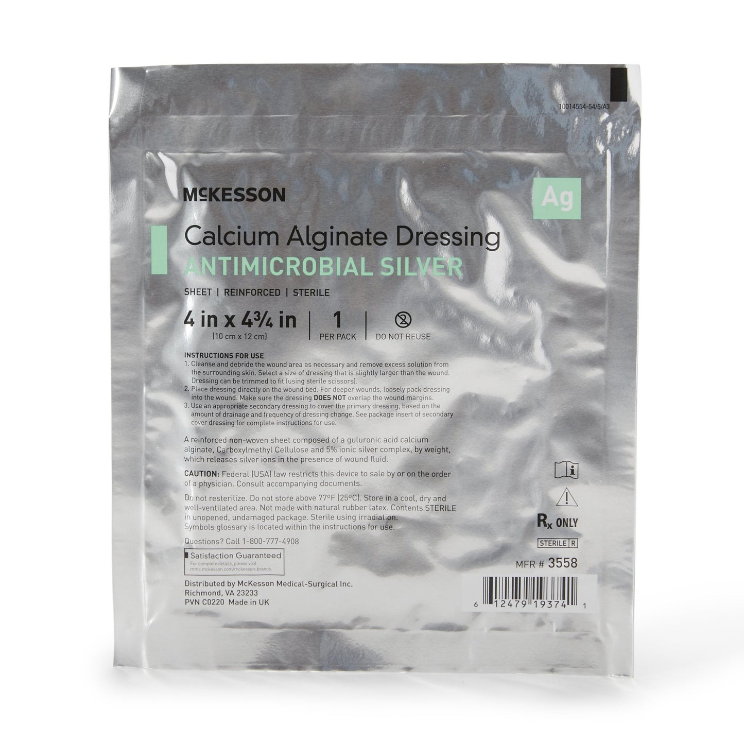 McKesson Silver Calcium Alginate Dressing, 4 x 4¾ Inch