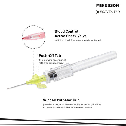 Peripheral IV Catheter McKesson Prevent® R 24 Gauge 3/4 Inch Polyurethane Winged Hub Blood Control Push Button Safety