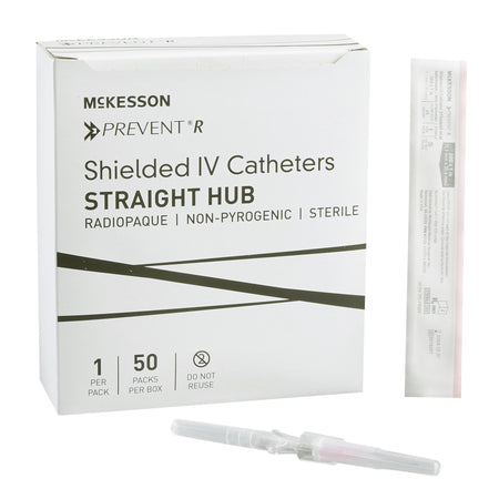 Peripheral IV Catheter McKesson Prevent® R 20 Gauge 1 Inch Straight Hub Non Blood Control Push Button Safety