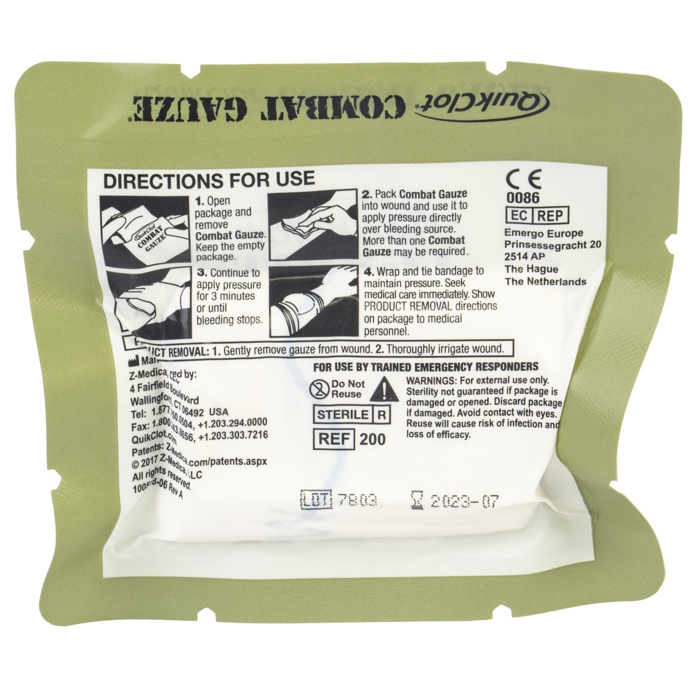 Hemostatic Dressing Quick-Clot® Combat Gauze 3 Inch X 4 Yard 1 per Pack Sterile