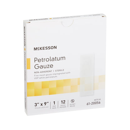 In stock McKesson 61-20056 sterile 3x9 petrolatum gauze dressings ready for dispatch from Lexicon Medical Supply in Tucson, AZ.