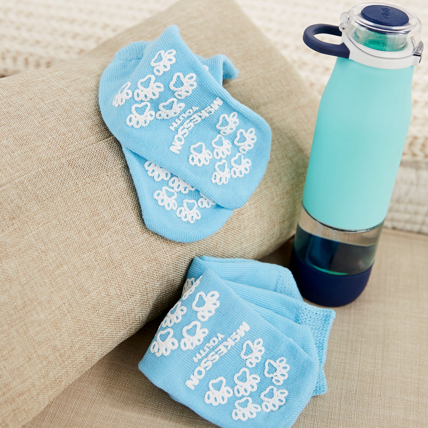 McKesson Terries Slipper Socks, Nonslip Grip Socks, Light Blue, Youth Shoe 5 – 7