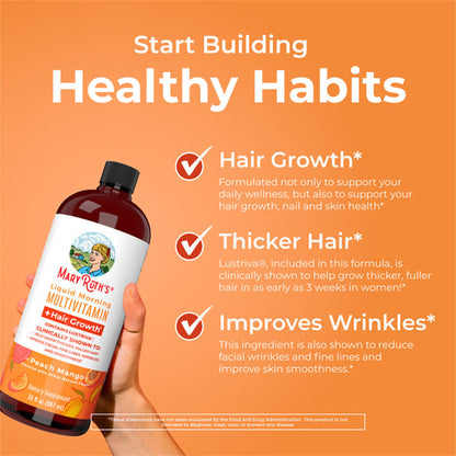 Multivitamin Supplement Mary Ruth's® Liquid Morning Multivitamin + Hair Growth Vitamin A / C / D / E 1,010 mcg - 90 mg - 20 mcg - 18 mg Strength Liquid 30 oz. Peach Mango Flavor