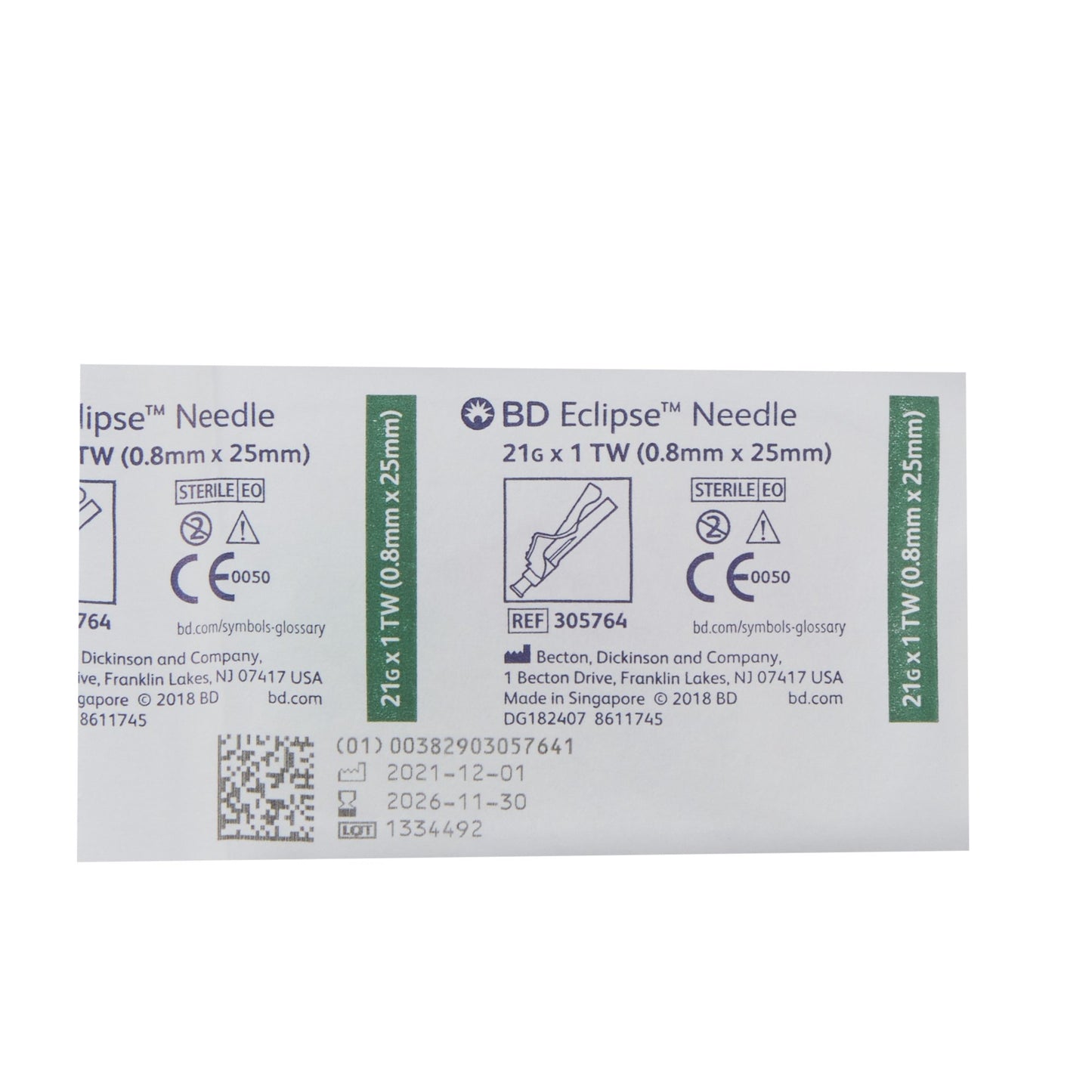 BD 305764 Eclipse™ Safety Hypodermic Needle, 21 Gauge, 1 Inch Length