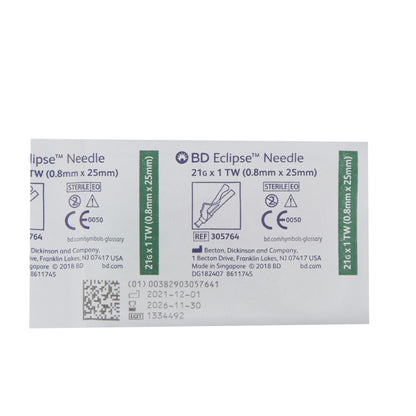 BD 305764 Eclipse™ Safety Hypodermic Needle, 21 Gauge, 1 Inch Length
