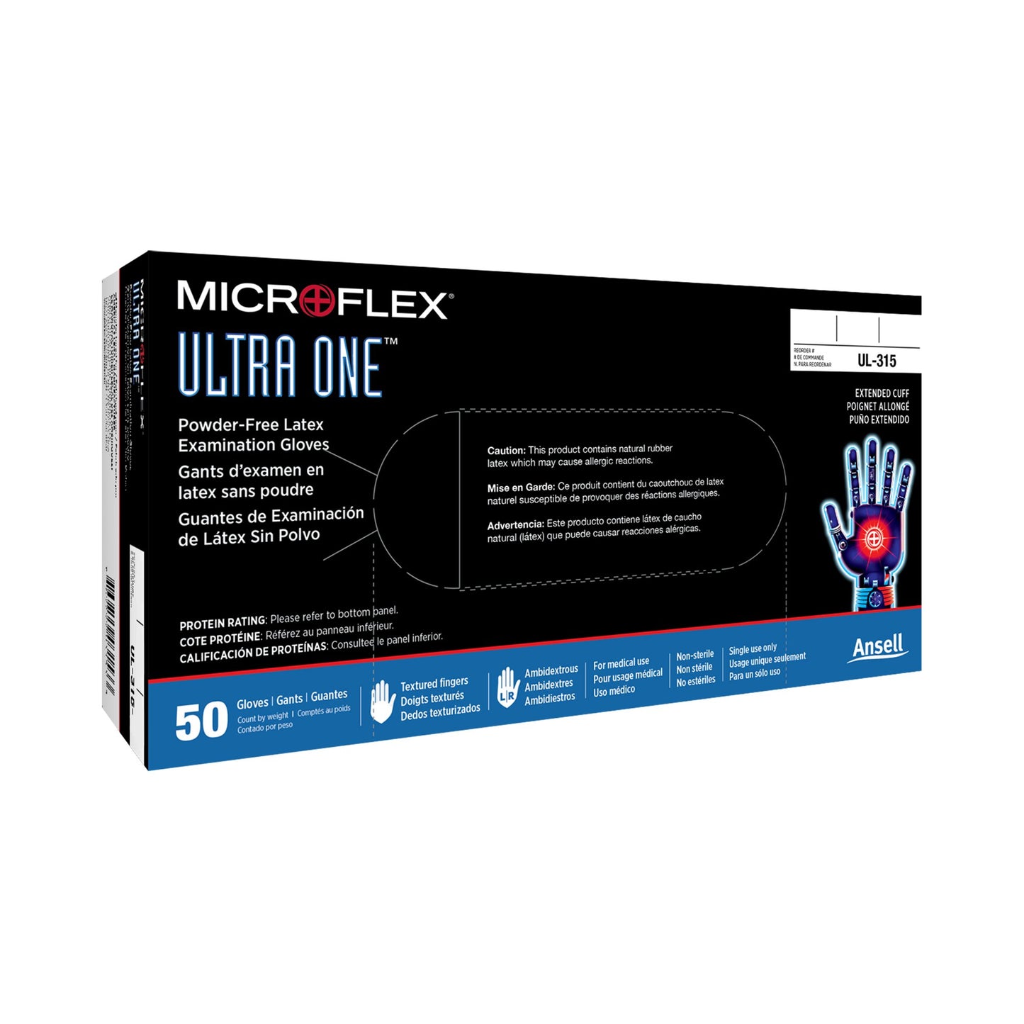 Ultra One® Latex Extended Cuff Length Exam Glove, Medium, White